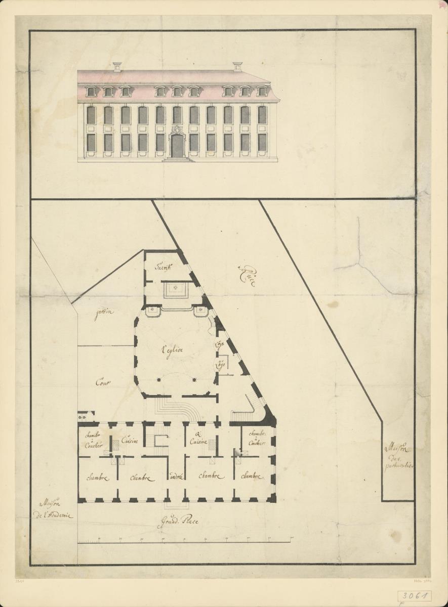 Grundriss und Aufriss für ein geistliches Palais mit einbezogener Kirche