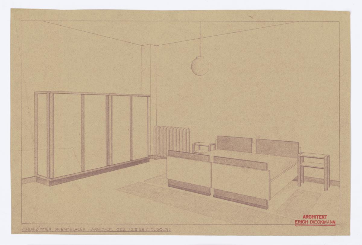 Schlafzimmer, Ansicht, Auftrag Bamberger (Möbelentwürfe, Wohnräume)