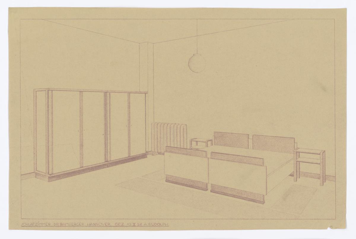Schlafzimmer, Ansicht, Auftrag Bamberger (Möbelentwürfe, Wohnräume)
