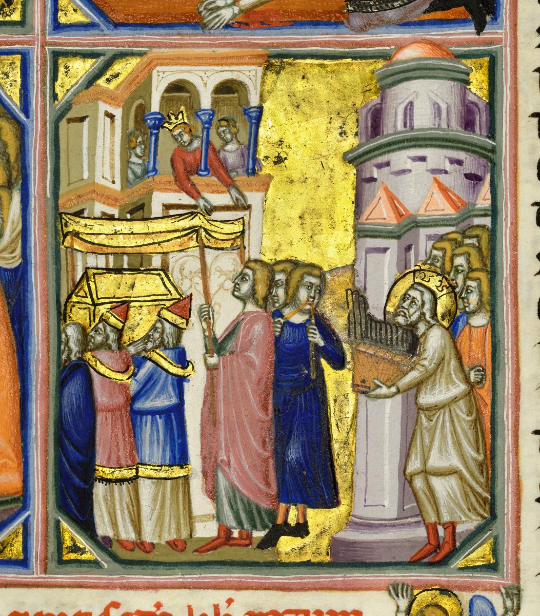 Der Amalekiter bringt David die Krone Sauls und wird erschlagen; Davids Thron von den Ältesten umgeben; Der Triumph Davids; Initiale F mit Absaloms Tod (folio 106 verso der "Hamilton-Bibel")