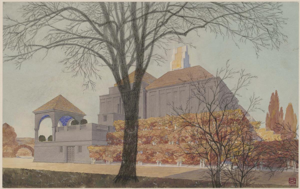 Darmstadt, Ausstellungsgebäude und Hochzeitsturm, Perspektive von Südosten