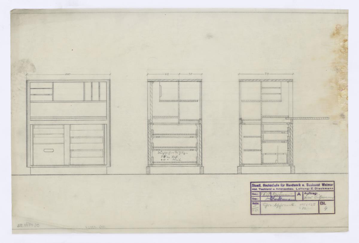 Schreibschrank, Schnitte, Auftrag Büthmann (Möbelentwürfe, Körpermöbel, Schränke)