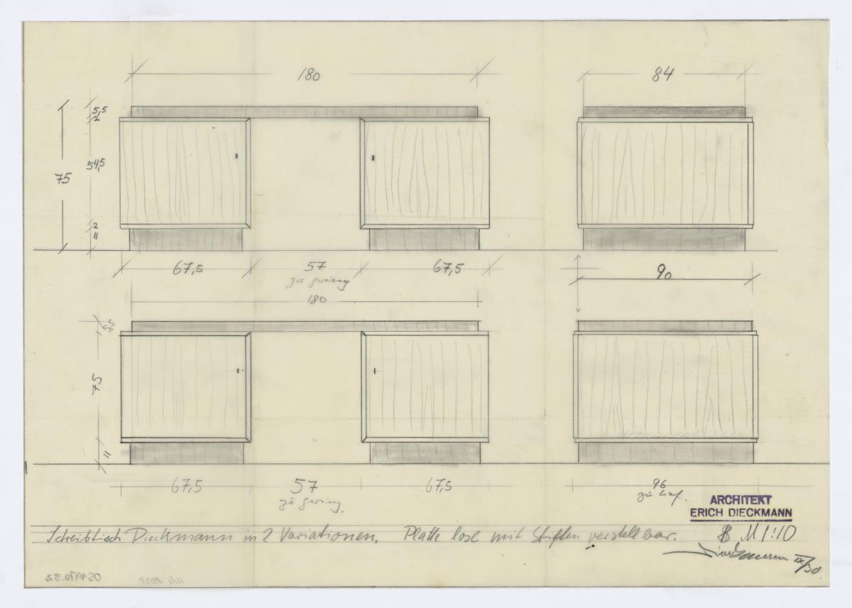 Schreibtisch, zwei Variationen, Seitenansicht, Auftrag Dieckmann (Möbelentwürfe, Körpermöbel, Schreibtische)