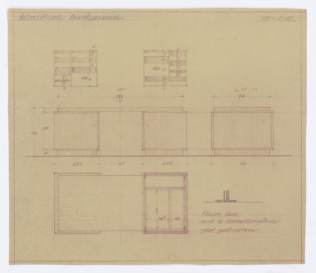 Schreibtisch, zwei Variationen, Auftrag Dieckmann (Möbelentwürfe, Körpermöbel, Schreibtische)