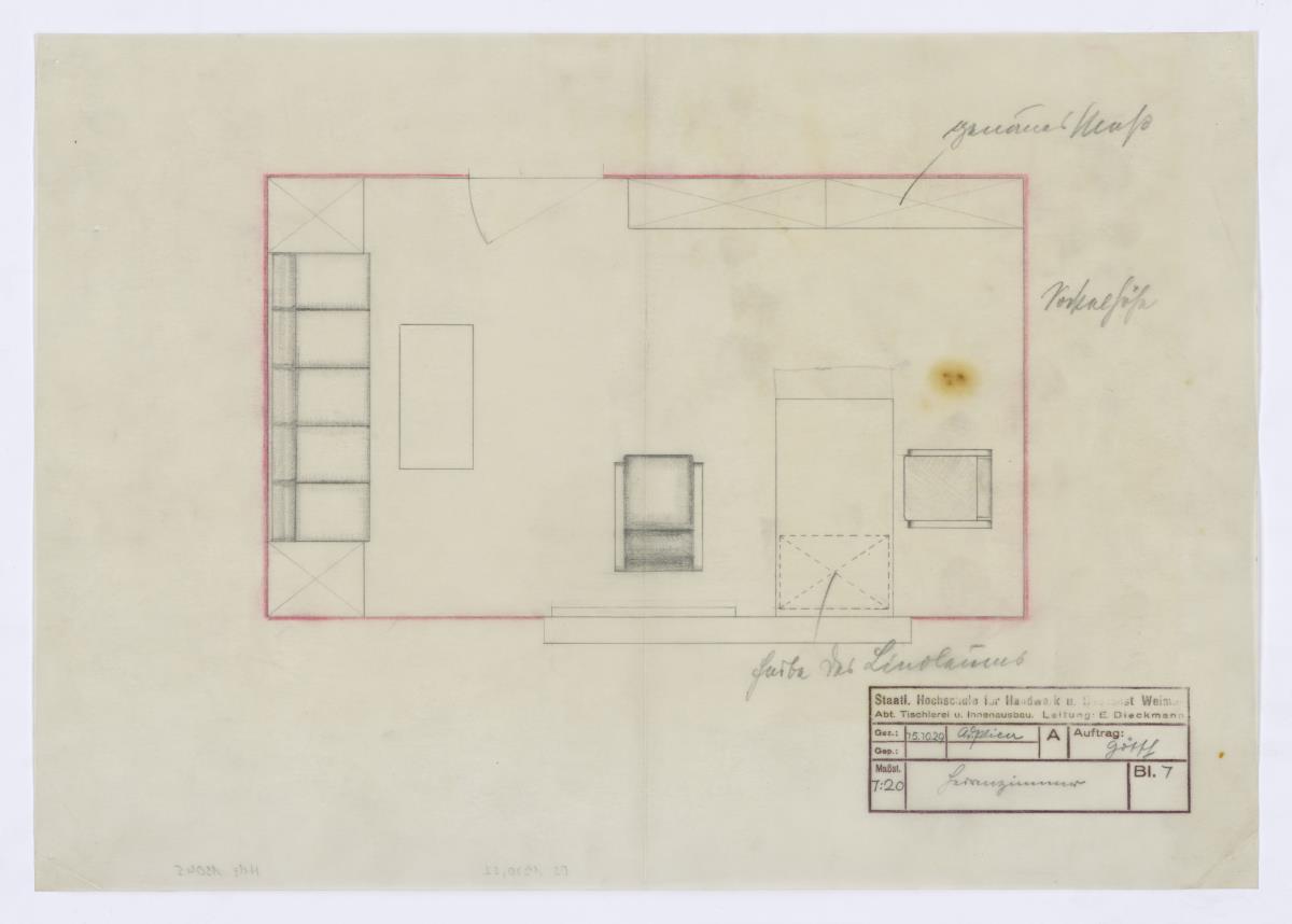Herrenzimmer, Grundriss, Auftrag Götsch, Musikheim (Möbelentwürfe, Wohnräume)