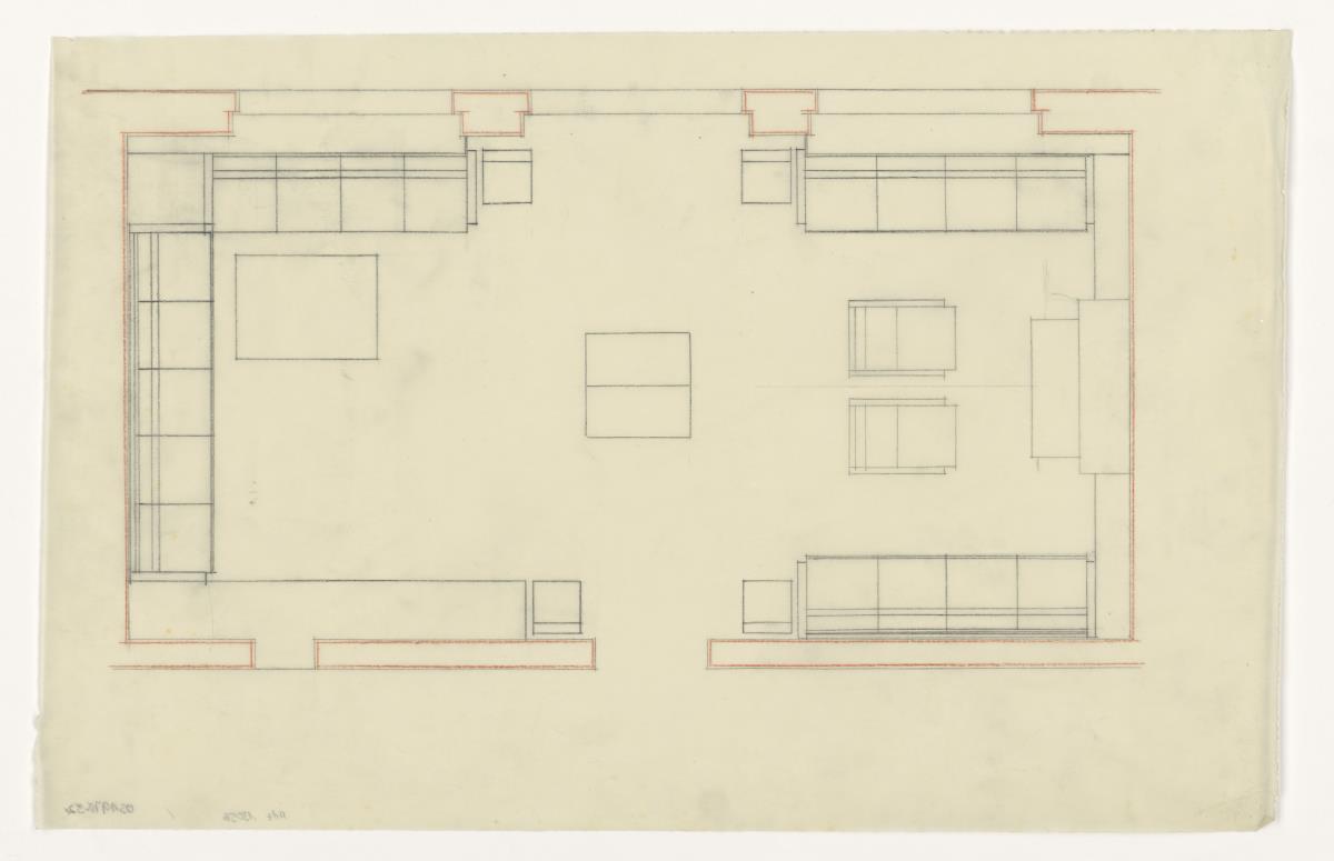 Wohn- und Esszimmer, Grundriss, Auftrag Götsch, Musikheim (Möbelentwürfe, Wohnräume)