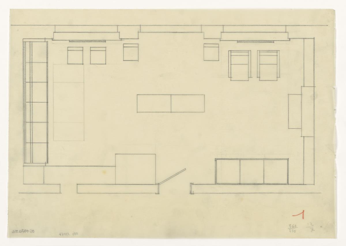 Wohn- und Esszimmer, Grundriss Variante, Auftrag Götsch, Musikheim (Möbelentwürfe, Wohnräume)