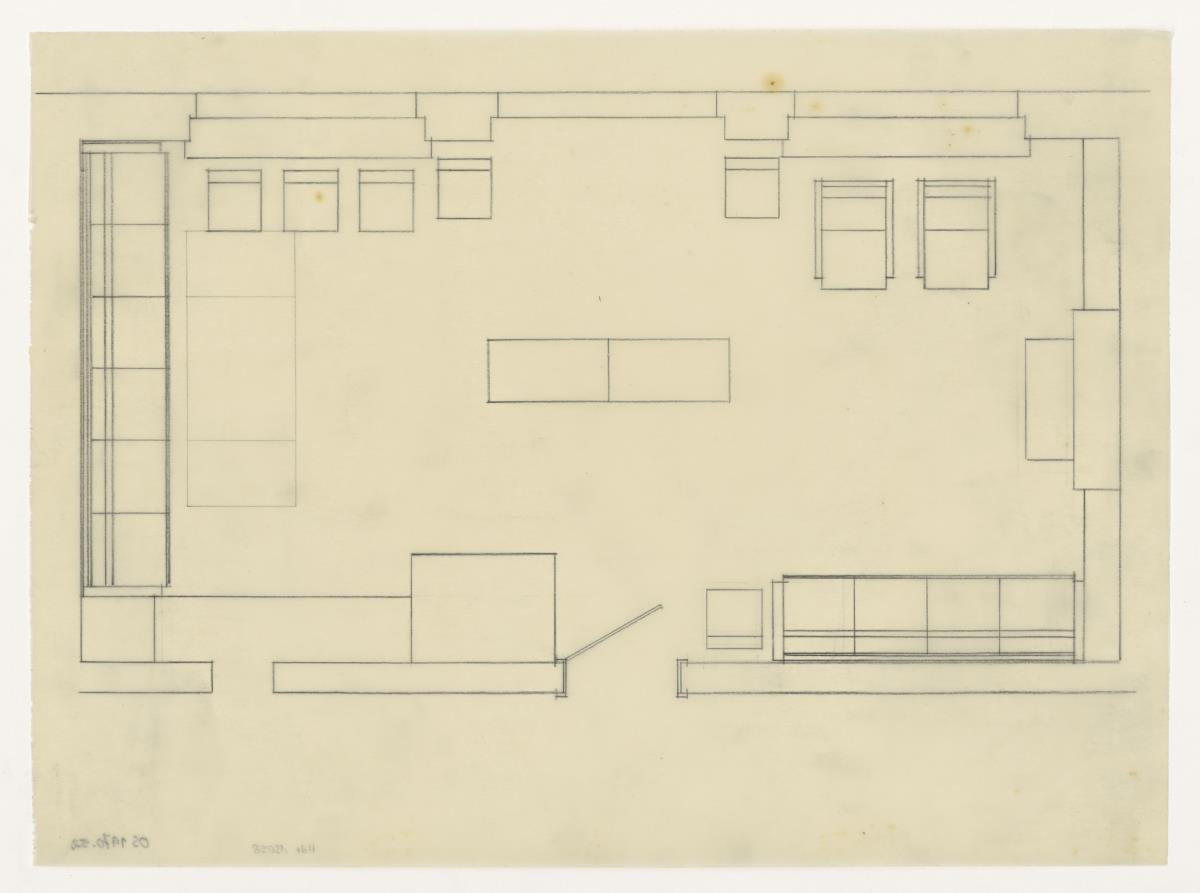Wohn- und Esszimmer, Grundriss Variante, Auftrag Götsch, Musikheim (Möbelentwürfe, Wohnräume)