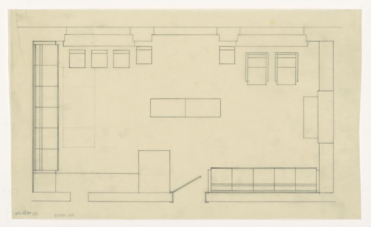 Wohn- und Esszimmer, Grundriss Variante, Auftrag Götsch, Musikheim (Möbelentwürfe, Wohnräume)