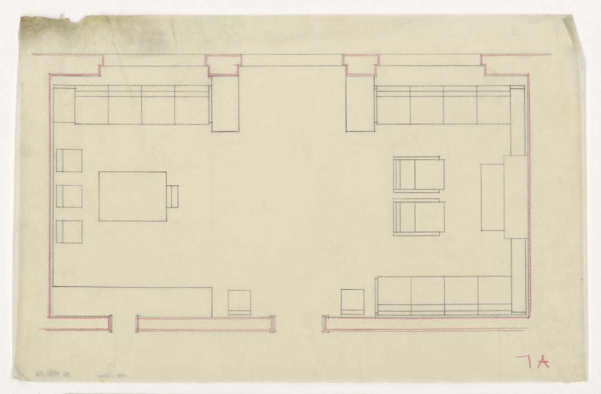 Wohn- und Esszimmer, Grundriss Variante, Auftrag Götsch, Musikheim (Möbelentwürfe, Wohnräume)