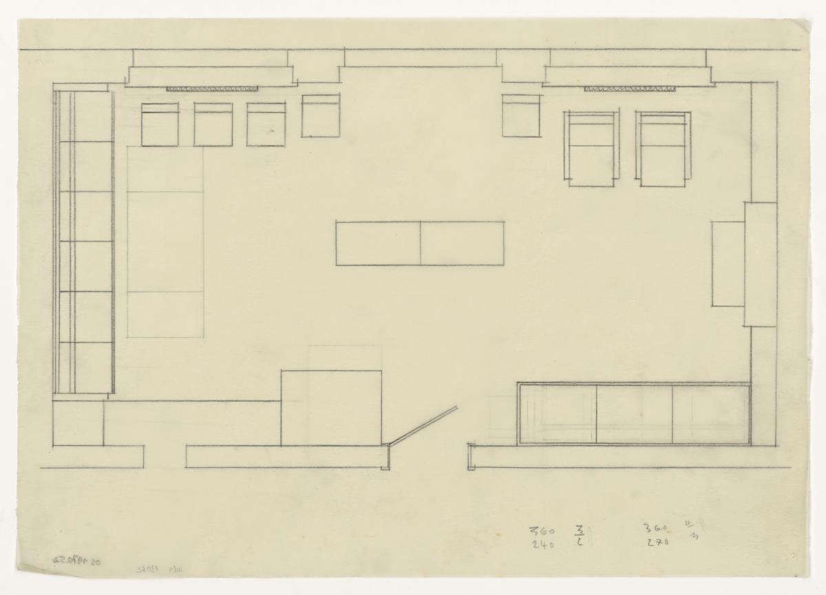 Wohn- und Esszimmer, Grundriss Variante, Auftrag Götsch, Musikheim (Möbelentwürfe, Wohnräume)