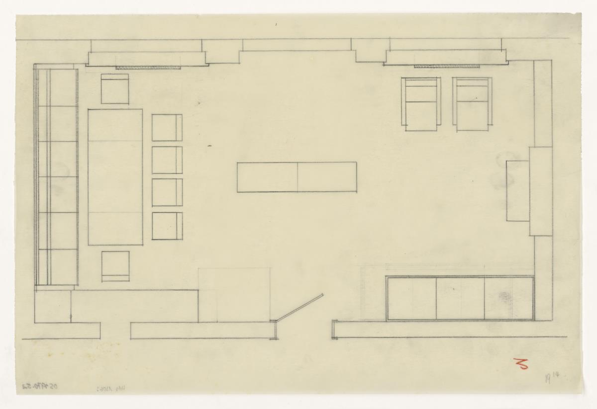 Wohn- und Esszimmer, Grundriss Variante, Nr. 3, Auftrag Götsch, Musikheim (Möbelentwürfe, Wohnräume)