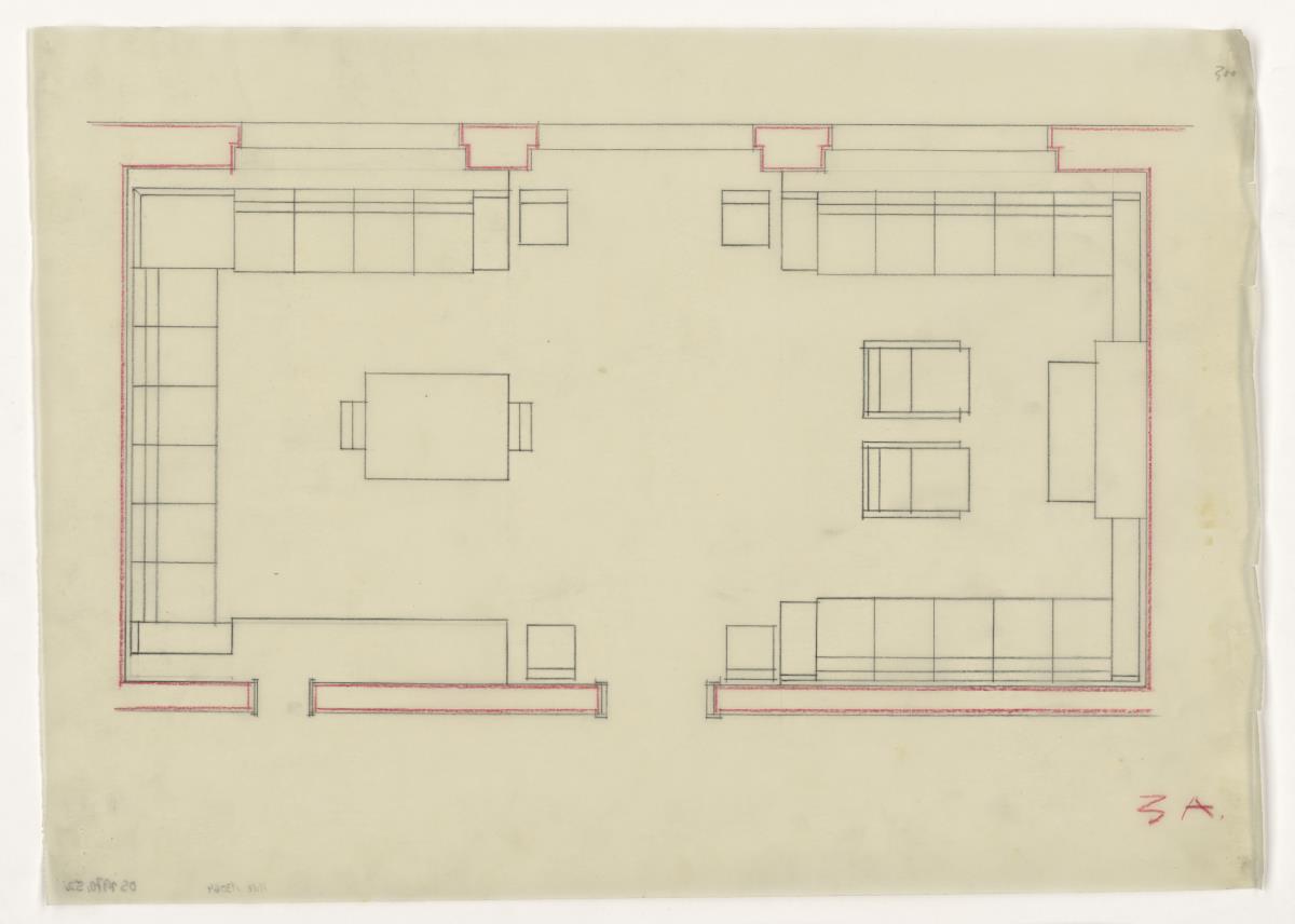 Wohn- und Esszimmer, Grundriss Variante, Nr. 3.1,  Auftrag Götsch, Musikheim (Möbelentwürfe, Wohnräume)