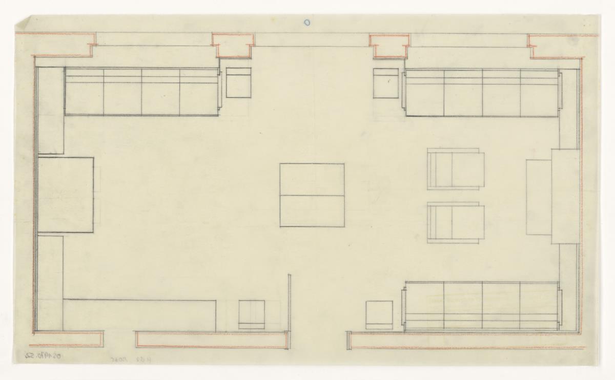 Wohn- und Esszimmer, Grundriss Variante, Auftrag Götsch, Musikheim (Möbelentwürfe, Wohnräume)