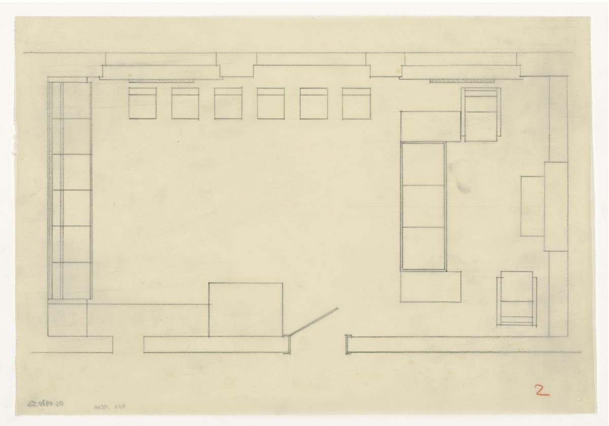 Wohn- und Esszimmer, Grundriss Variante, Nr. 2, Auftrag Götsch, Musikheim (Möbelentwürfe, Wohnräume)