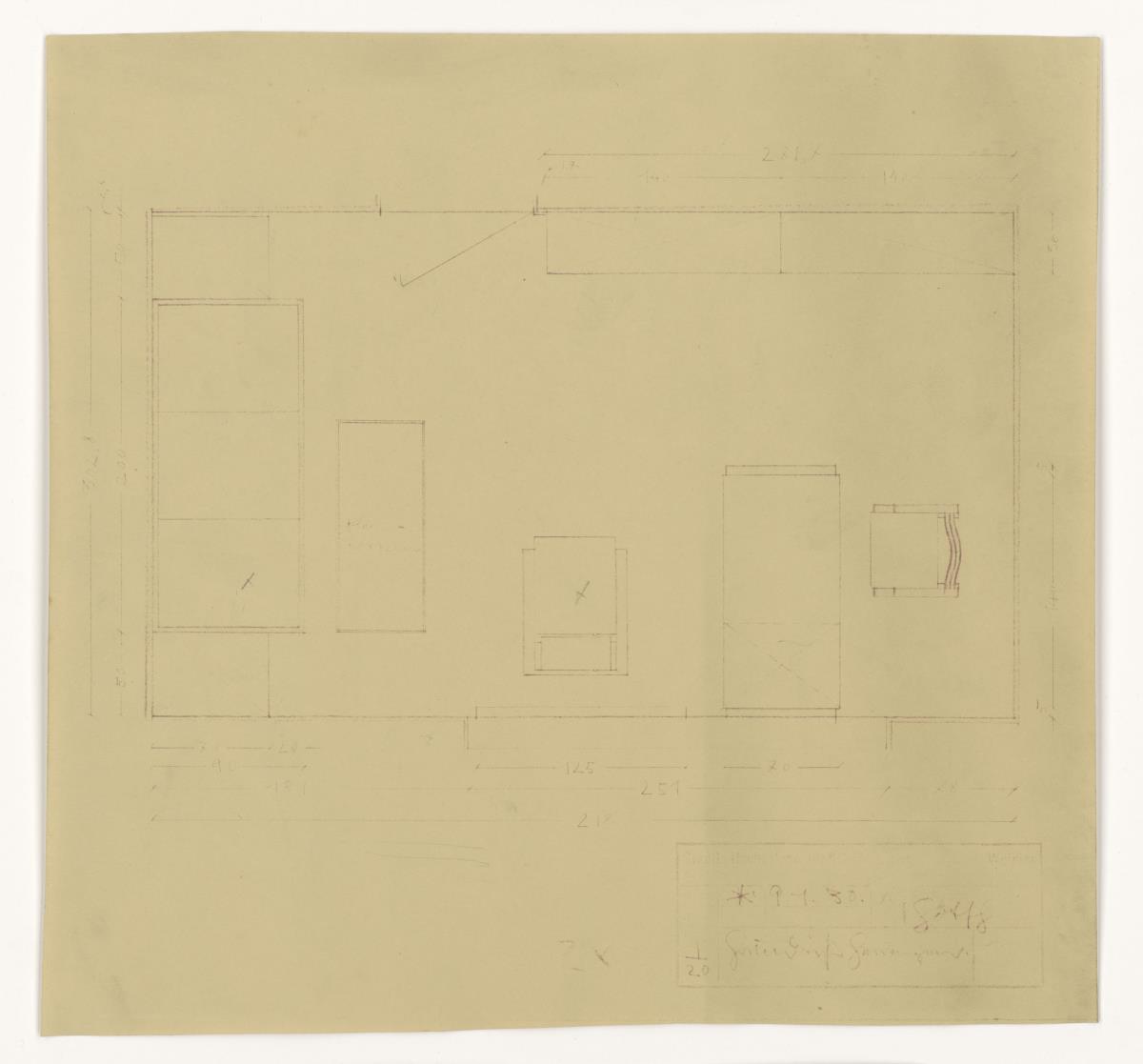 Herrenzimmer, Grundriss, Auftrag Götsch, Musikheim (Möbelentwürfe, Wohnräume)