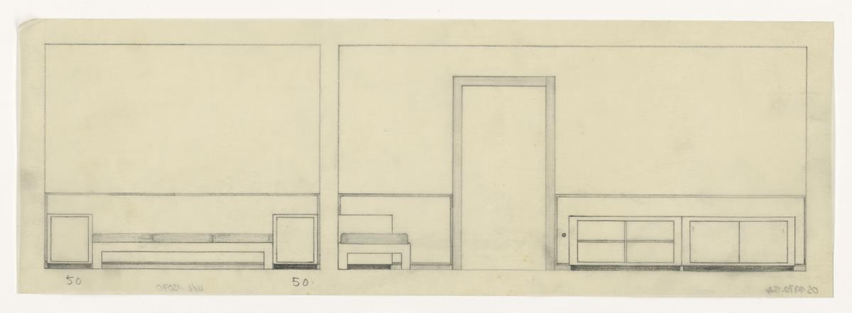 Arbeitszimmer, Ansicht, Auftrag Götsch, Musikheim (Möbelentwürfe, Wohnräume)