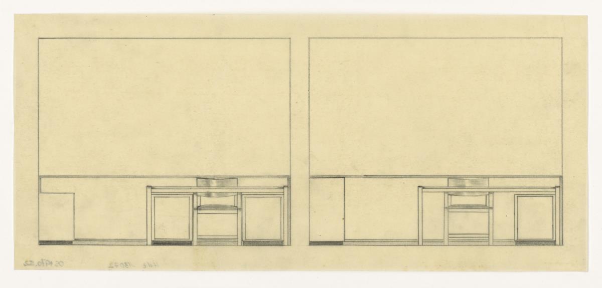 Arbeitszimmer, Ansicht, Auftrag Götsch, Musikheim (Möbelentwürfe, Wohnräume)