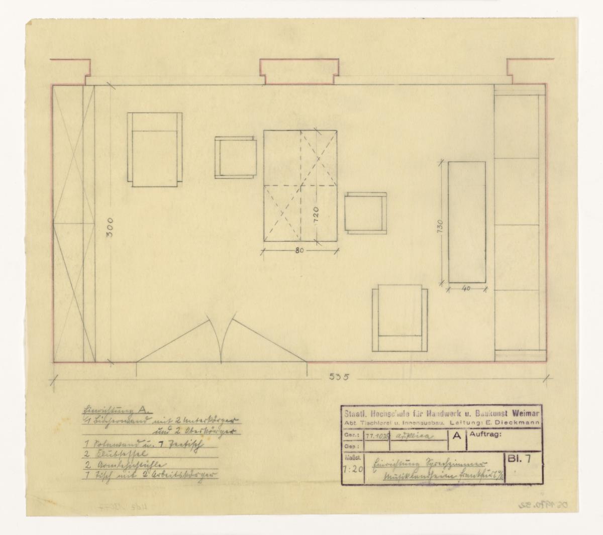 Sprechzimmer, Grundriss, Auftrag Götsch, Musikheim (Möbelentwürfe, Wohnräume)
