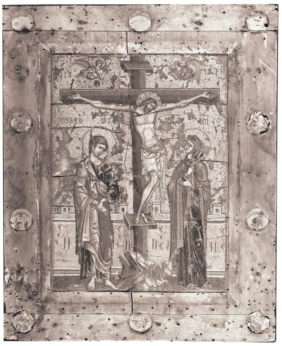 Mosaikikone mit dem gekreuzigten Christus zwischen Maria und Johannes