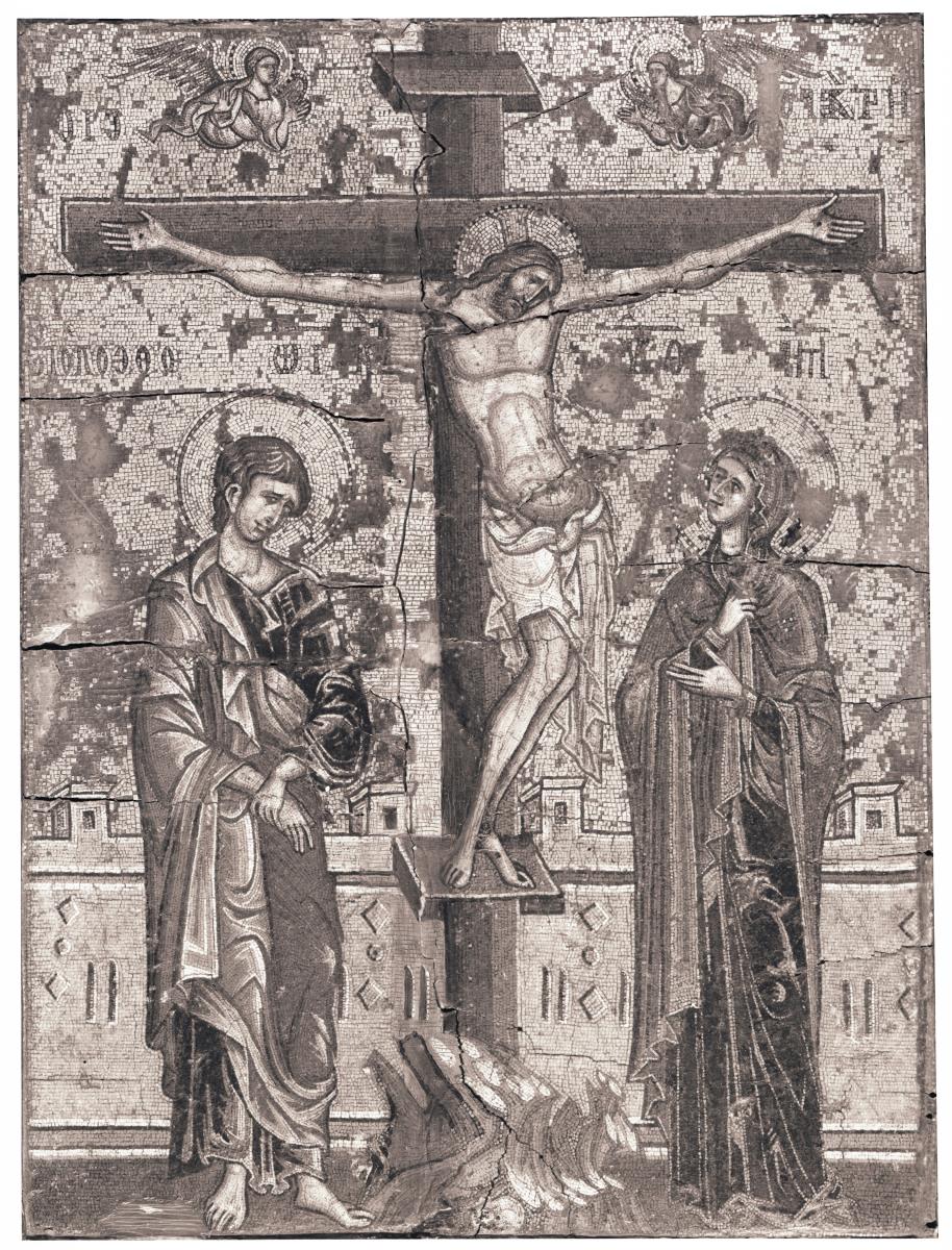 Mosaikikone mit dem gekreuzigten Christus zwischen Maria und Johannes