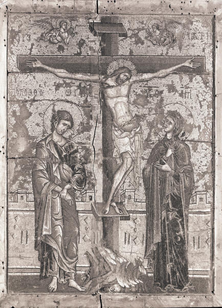 Mosaikikone mit dem gekreuzigten Christus zwischen Maria und Johannes
