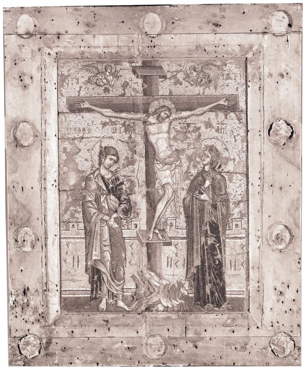 Mosaikikone mit dem gekreuzigten Christus zwischen Maria und Johannes