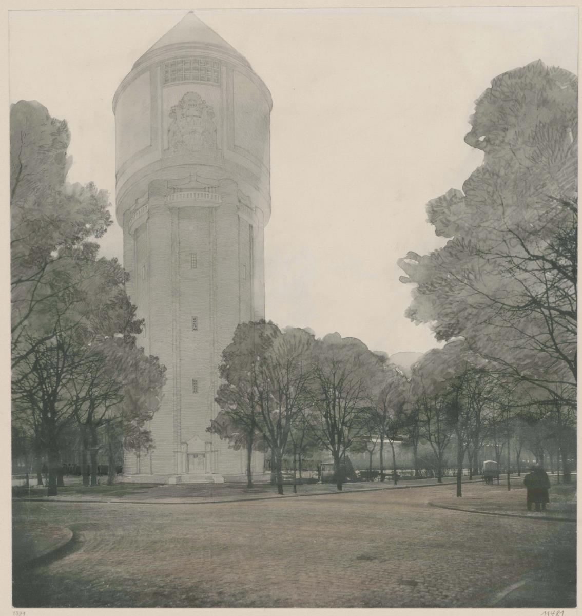 Hamburg, Wasserturm auf dem Gelände des Waisenhauses, Perspektive, eingetragen auf einer überarbeiteten Photografie des vorgesehenen Standortes