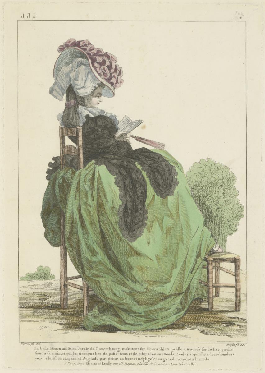Gallerie des Modes et du Costume Français: la belle Suzon assise au jardin du Luxembourg. ddd.306