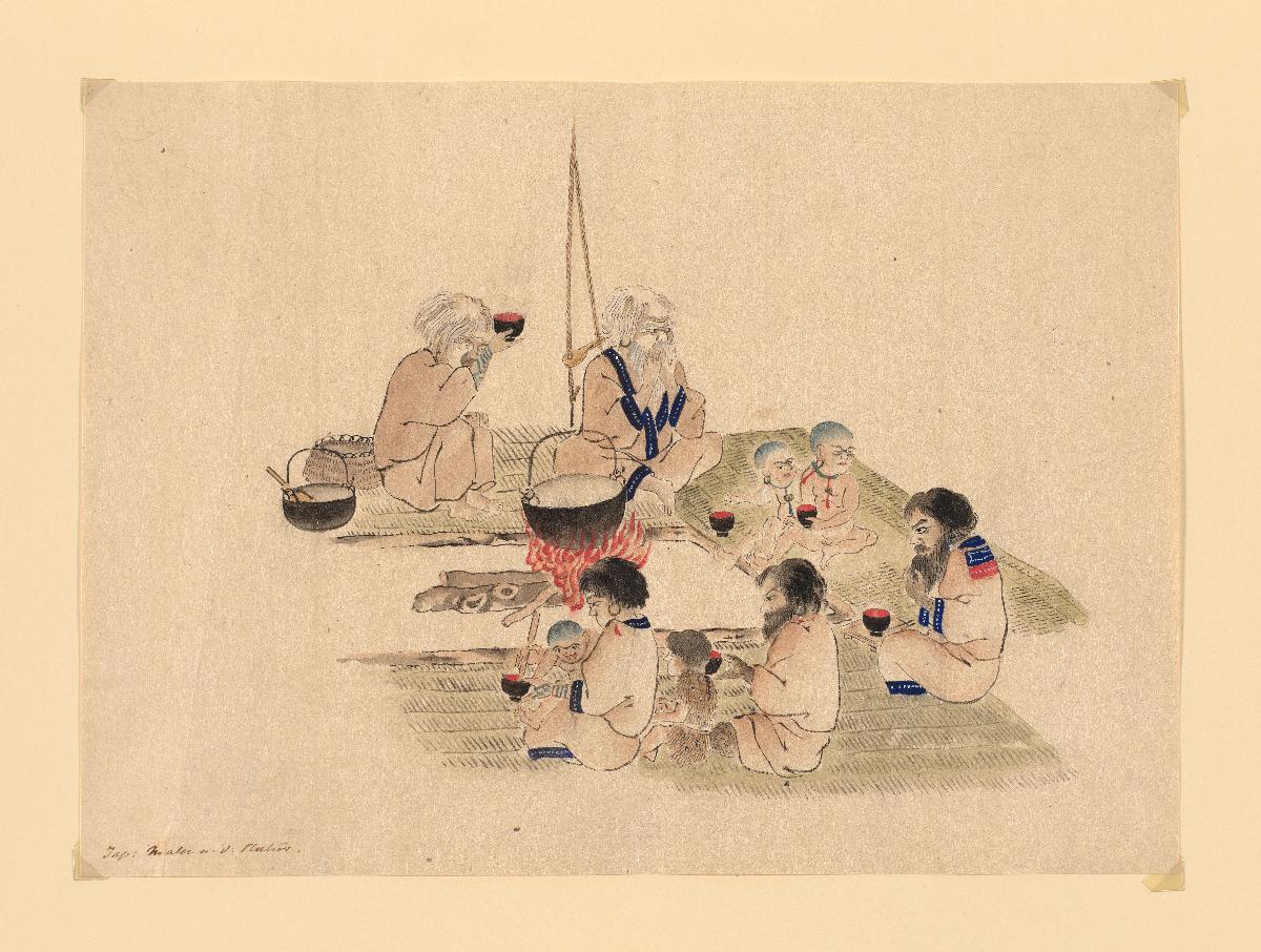Ainu-Familie beim Essen um den Herd versammelt