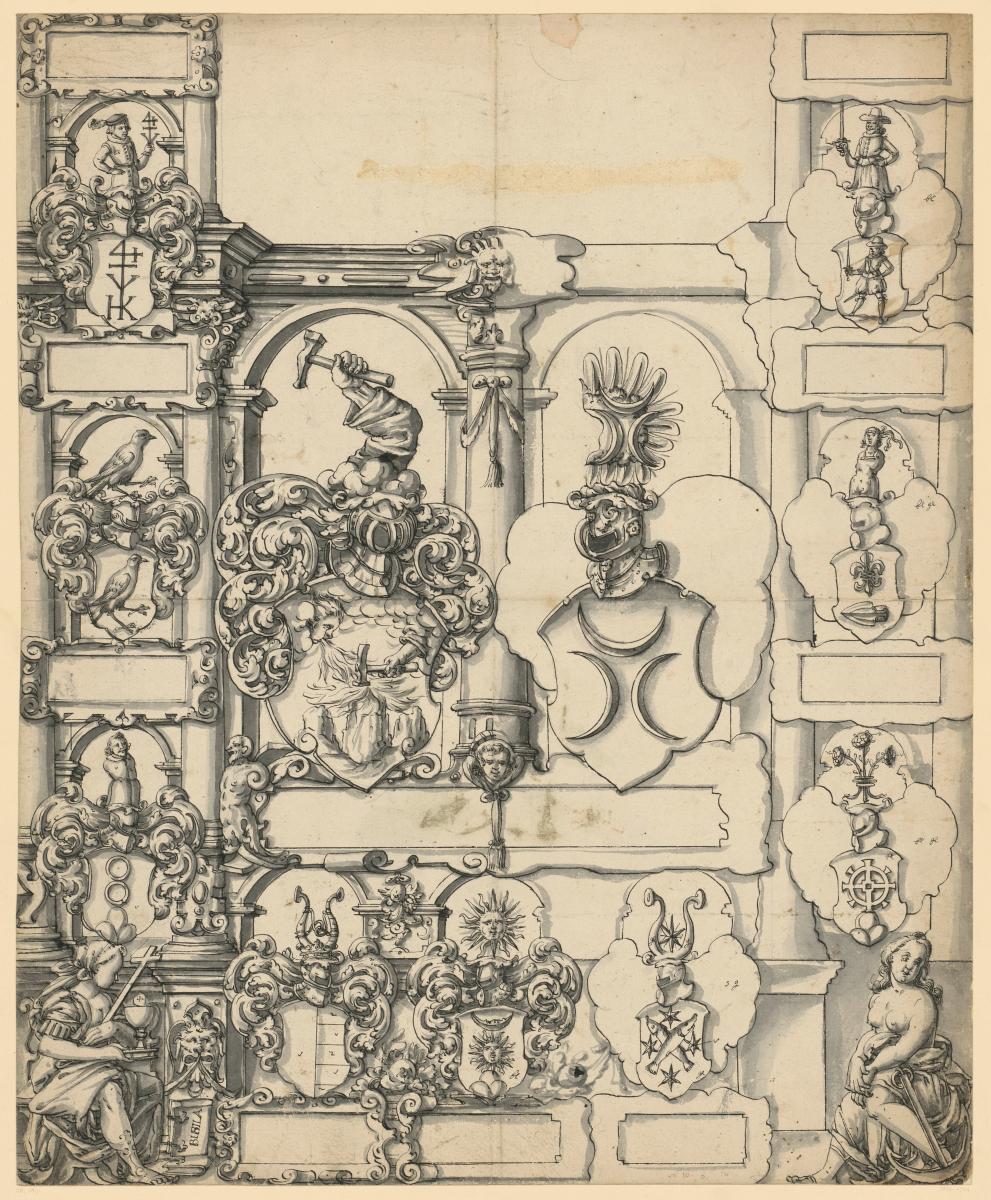 Großes Glasbild, in der Mitte zwei Wappen