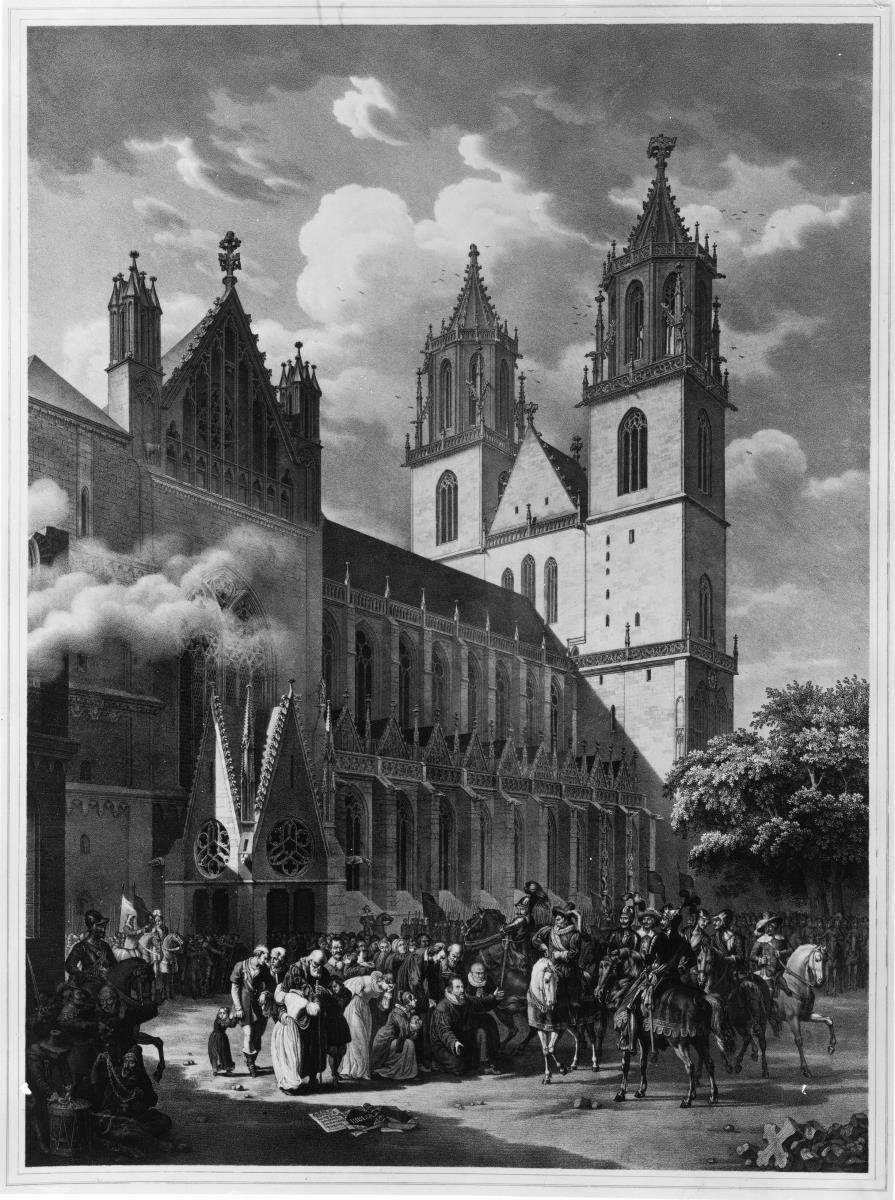 Kniefall des Dompredigers Bake und des Diakons Matthias Decenius vor Tilly auf dem Magdeburger Domplatz