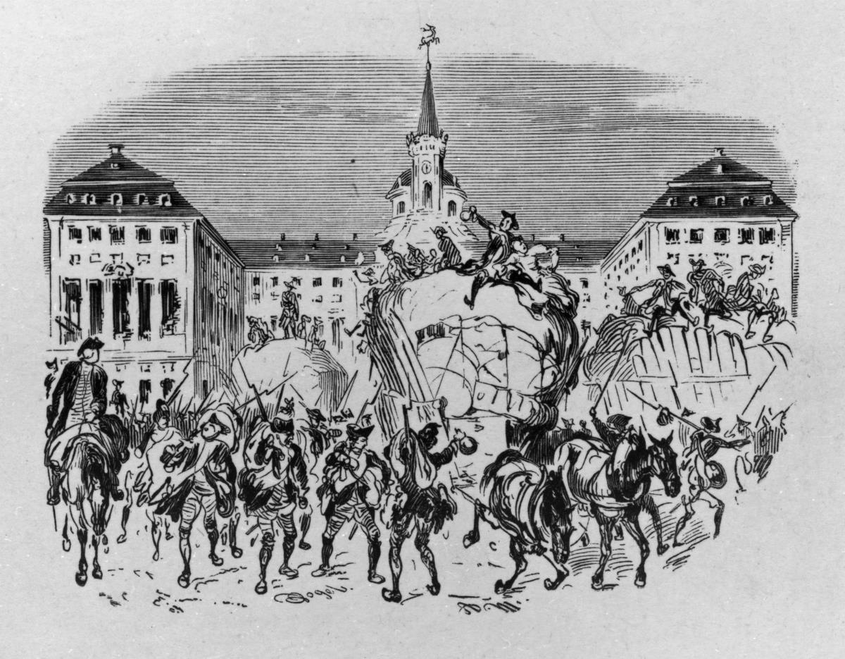 Die Preußen mit hochbepackten Wagen vor dem geplünderten Schloss Hubertusburg