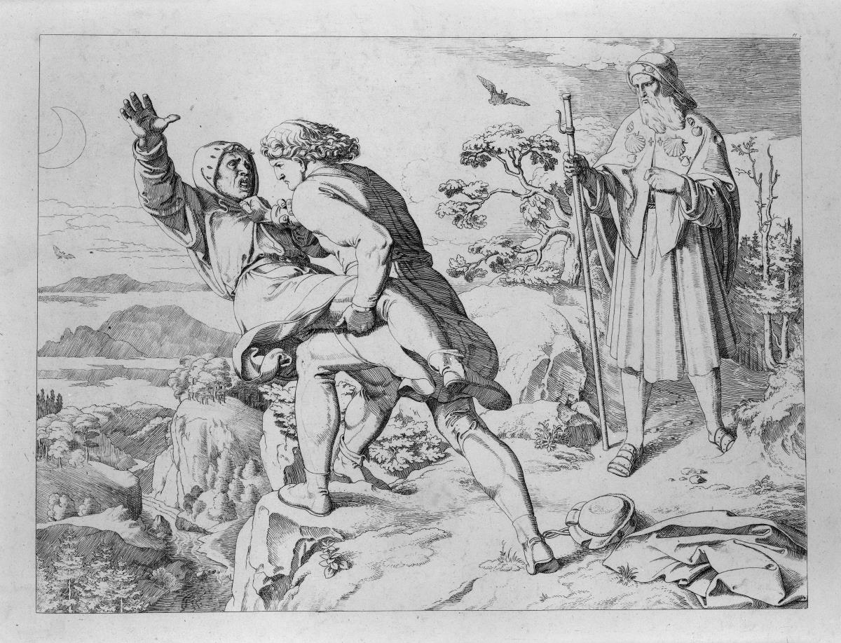 Golo stürzt seinen Helfershelfer Benno von einem Felsen. Blatt 11 zu "Bilder zu Tiecks Genovefa von J. Führich"