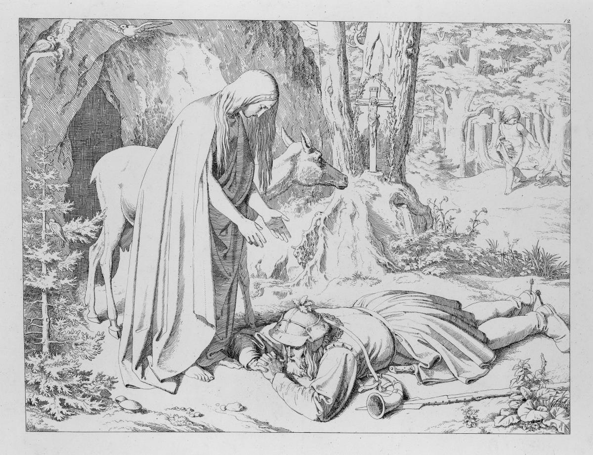 Siegfried findet die als todt beweinte Genovefa wieder. Blatt 12 zu "Bilder zu Tiecks Genovefa von J. Führich"