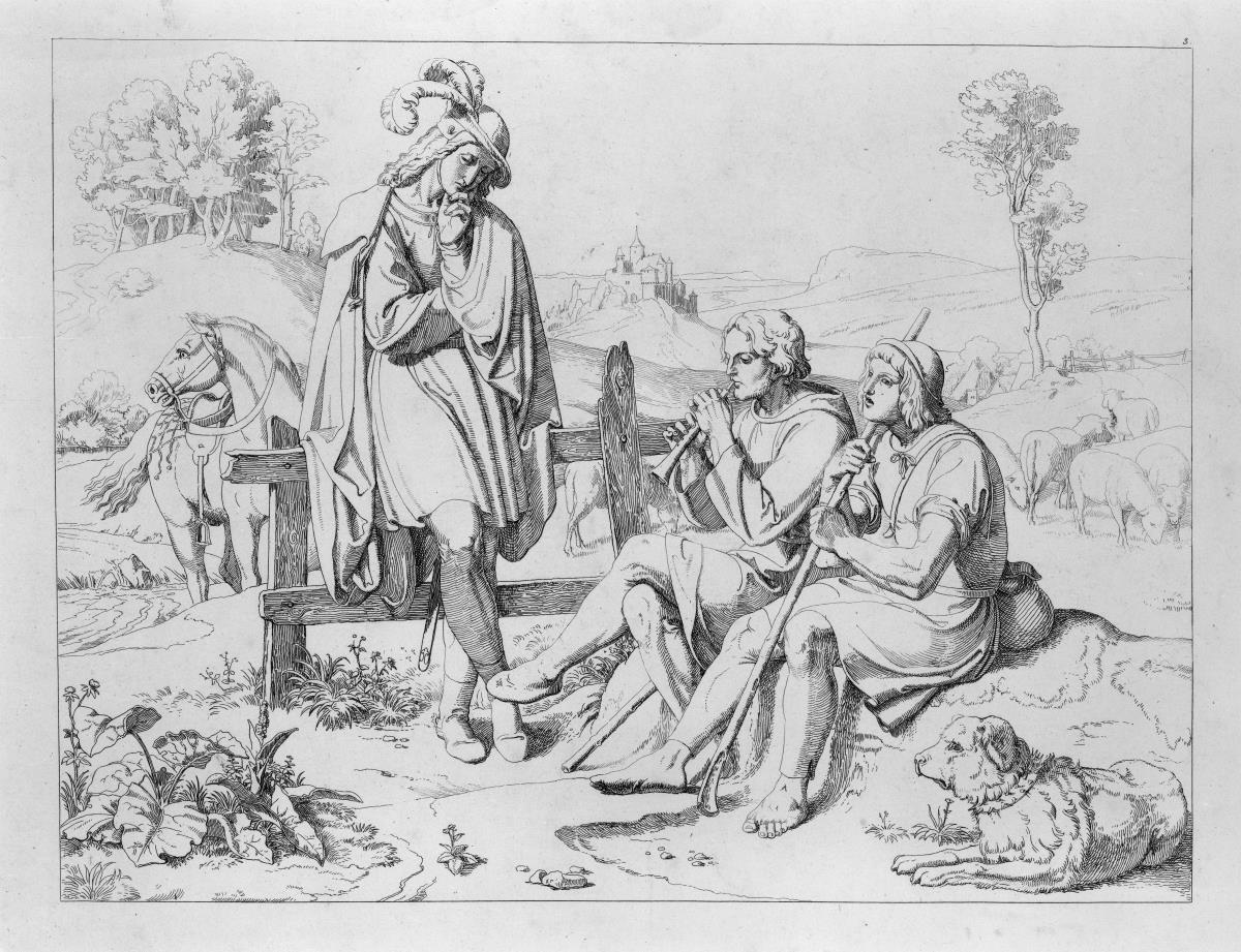 Golo hört den Hirten Heinrich folgendes Lid singen:. Blatt 3 zu "Bilder zu Tiecks Genovefa von J. Führich"