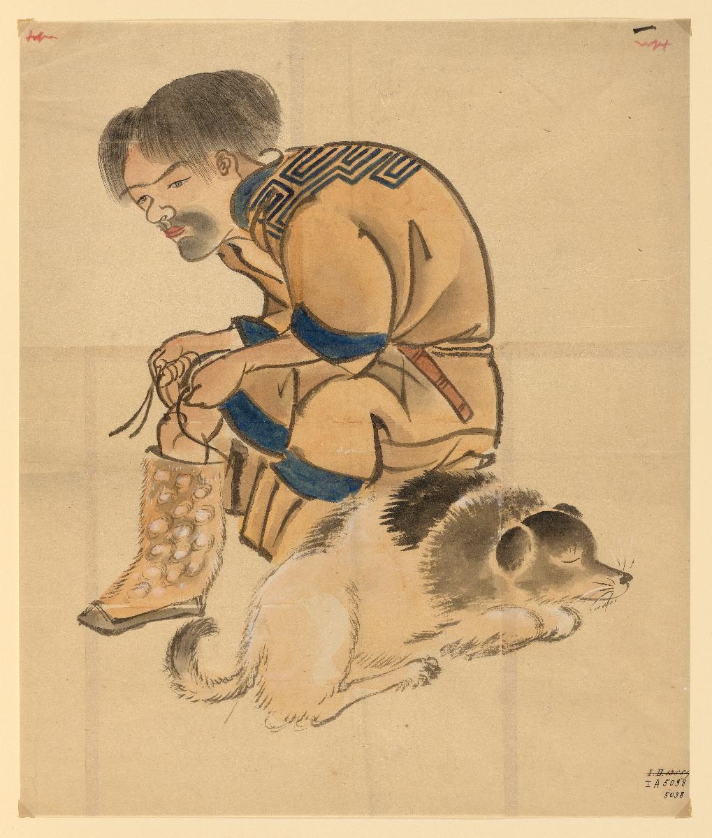 Ainu-Frau mit schlafendem Hund