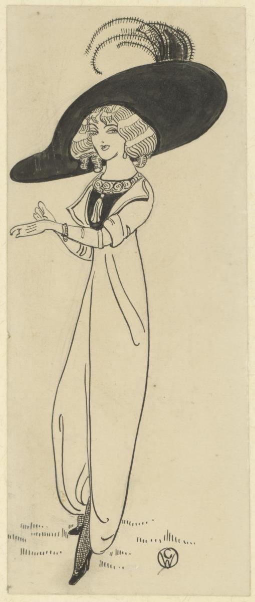 Frau in Mantelkleid mit großem Hut