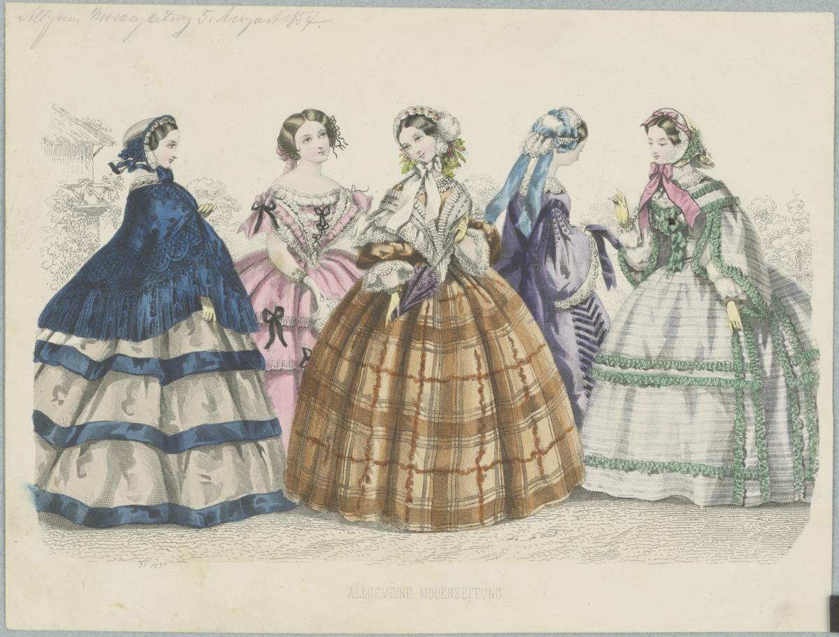 Allgemeine Modenzeitung: fünf Damen in eleganten Tages- und Abendkleidern: Promenaden-, Ball-, Besuchs- und Haustoiletten