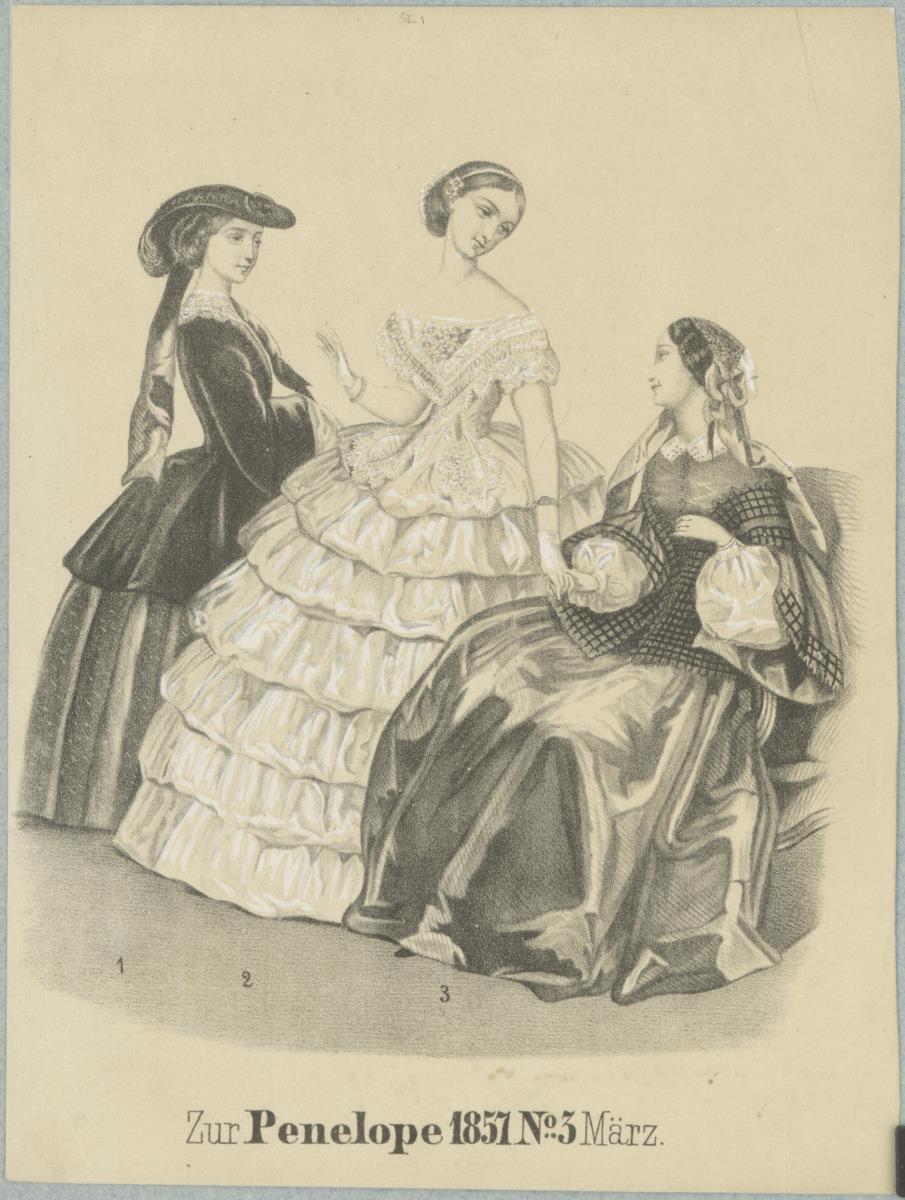 Penelope März 1857: drei Damen in Besuchs-, Ball- und Haustoiletten