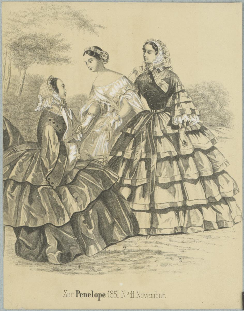 Penelope November 1857: drei Damen in Besuchs- und Balltoiletten