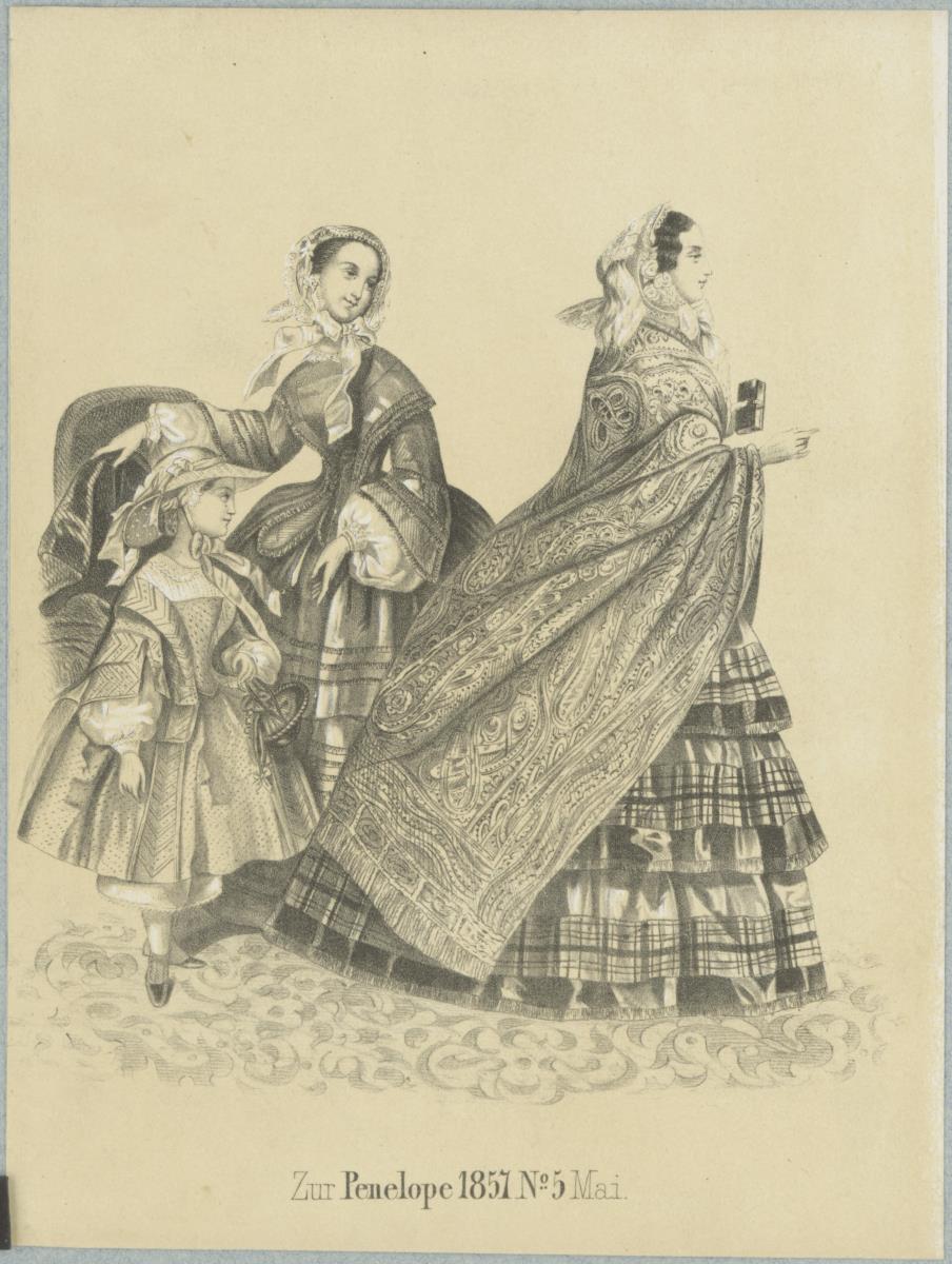 Penelope Mai 1857: zwei Damen und ein Mädchen in Promenadentoiletten