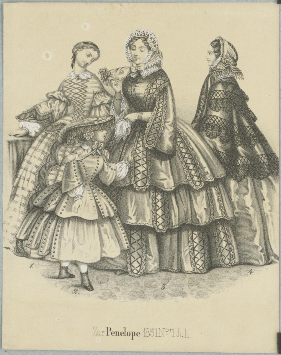 Penelope Juli 1857: drei Damen und ein Mädchen in Haus-, Besuchs- und Promenadentoiletten