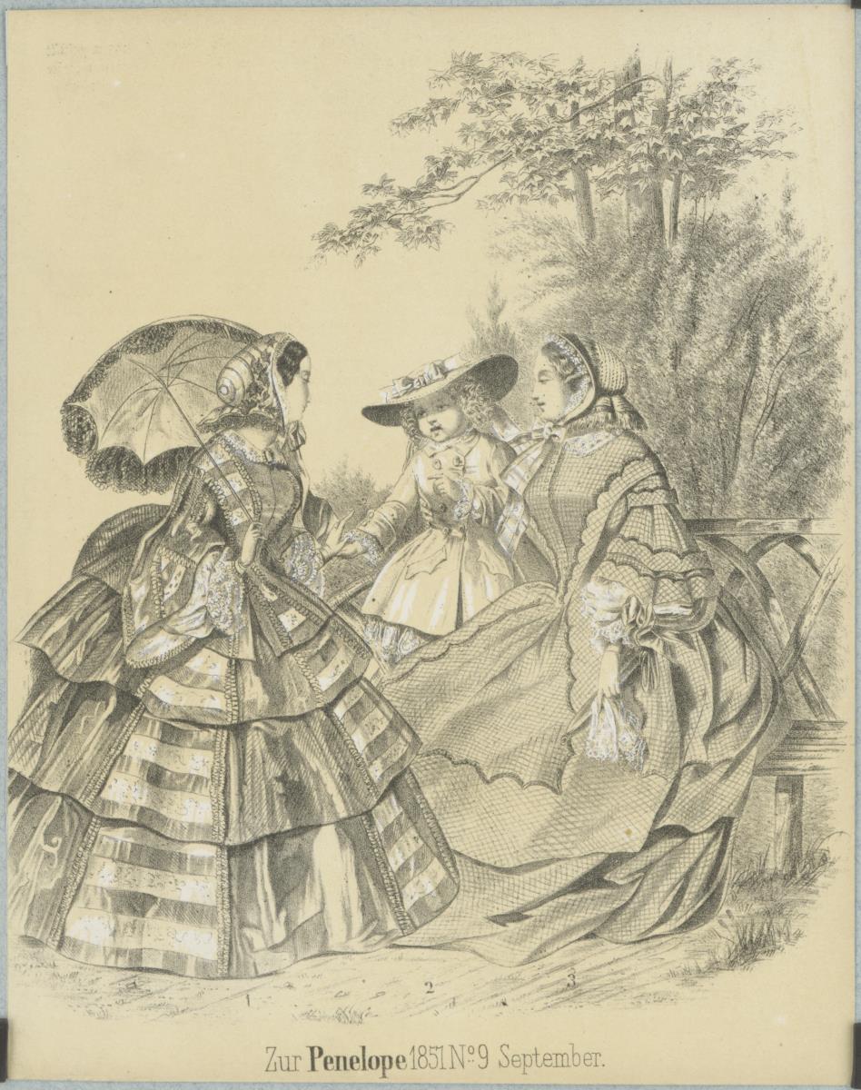 Penelope September 1857: zwei Damen in Besuchstoiletten und ein Mädchen im doppelreihigen Mäntelchen