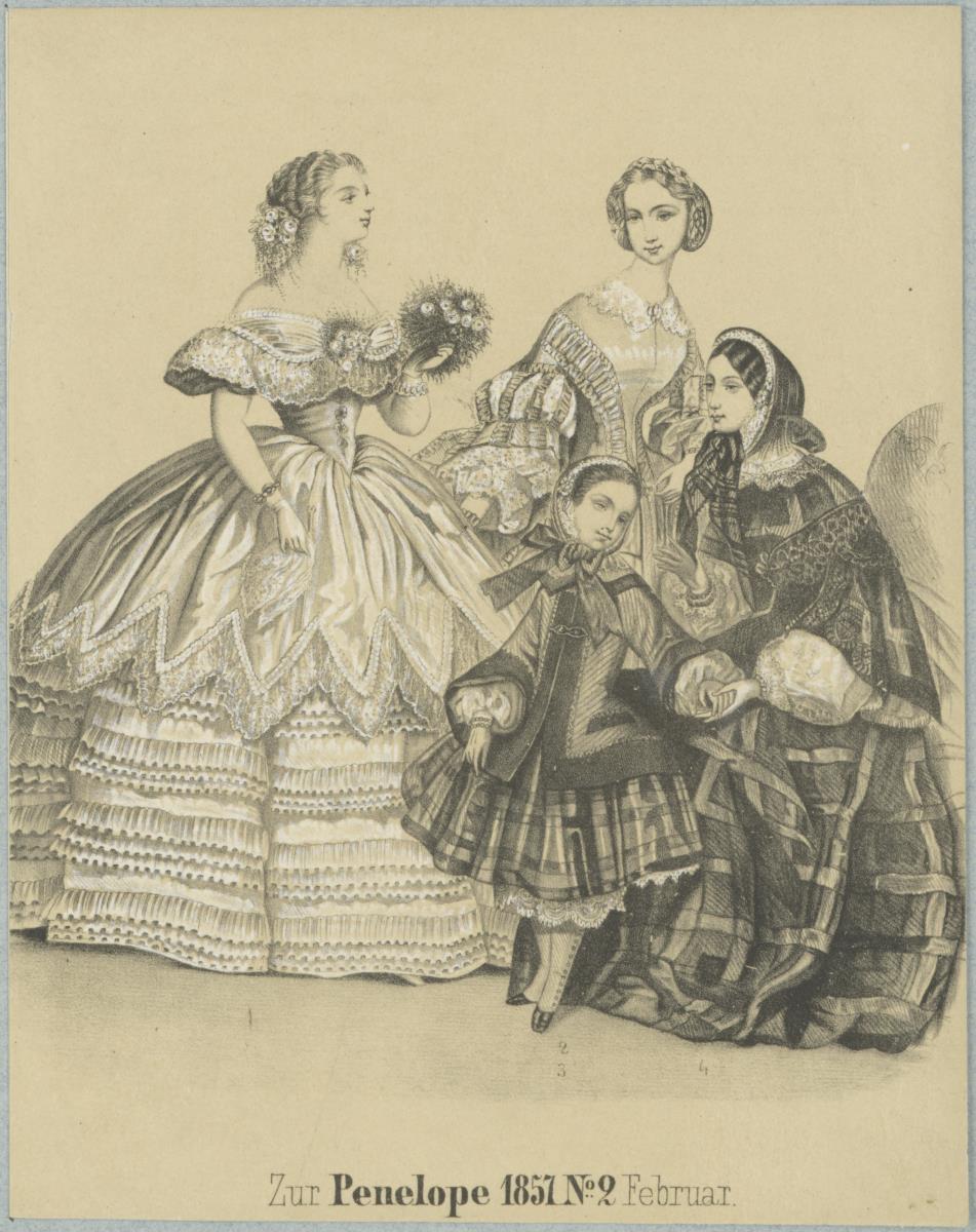 Penelope Februar 1857: drei Damen und ein Mädchen in Ball-, Haus- und Besuchstoiletten