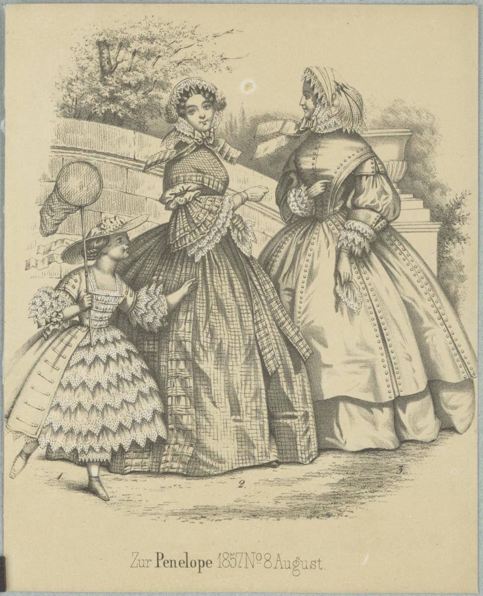 Penelope August 1857: ein Mädchen und zwei Damen in eleganten Tageskleidern