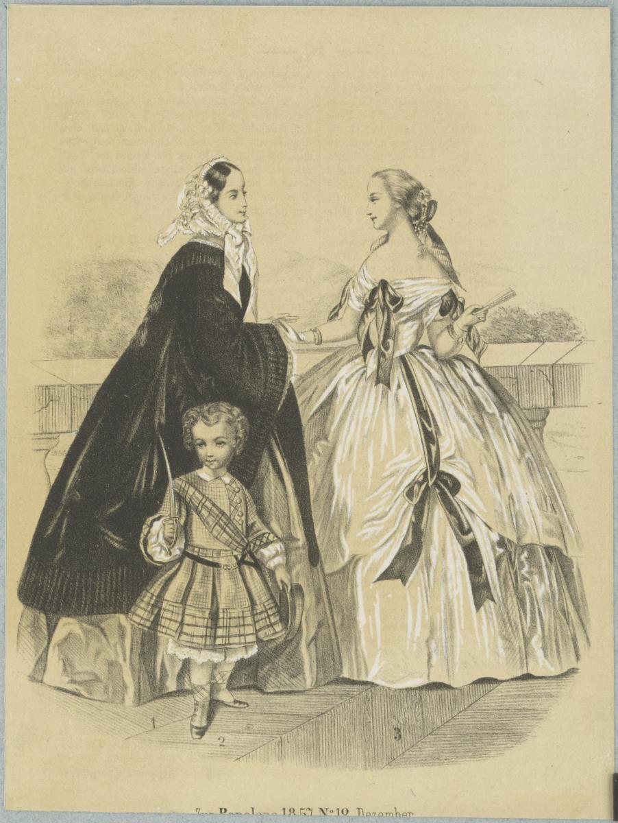 Penelope Dezember 1857: zwei Damen in Promenaden- und Balltoiletten, ein Knabe mit Säbel im Kleidchen