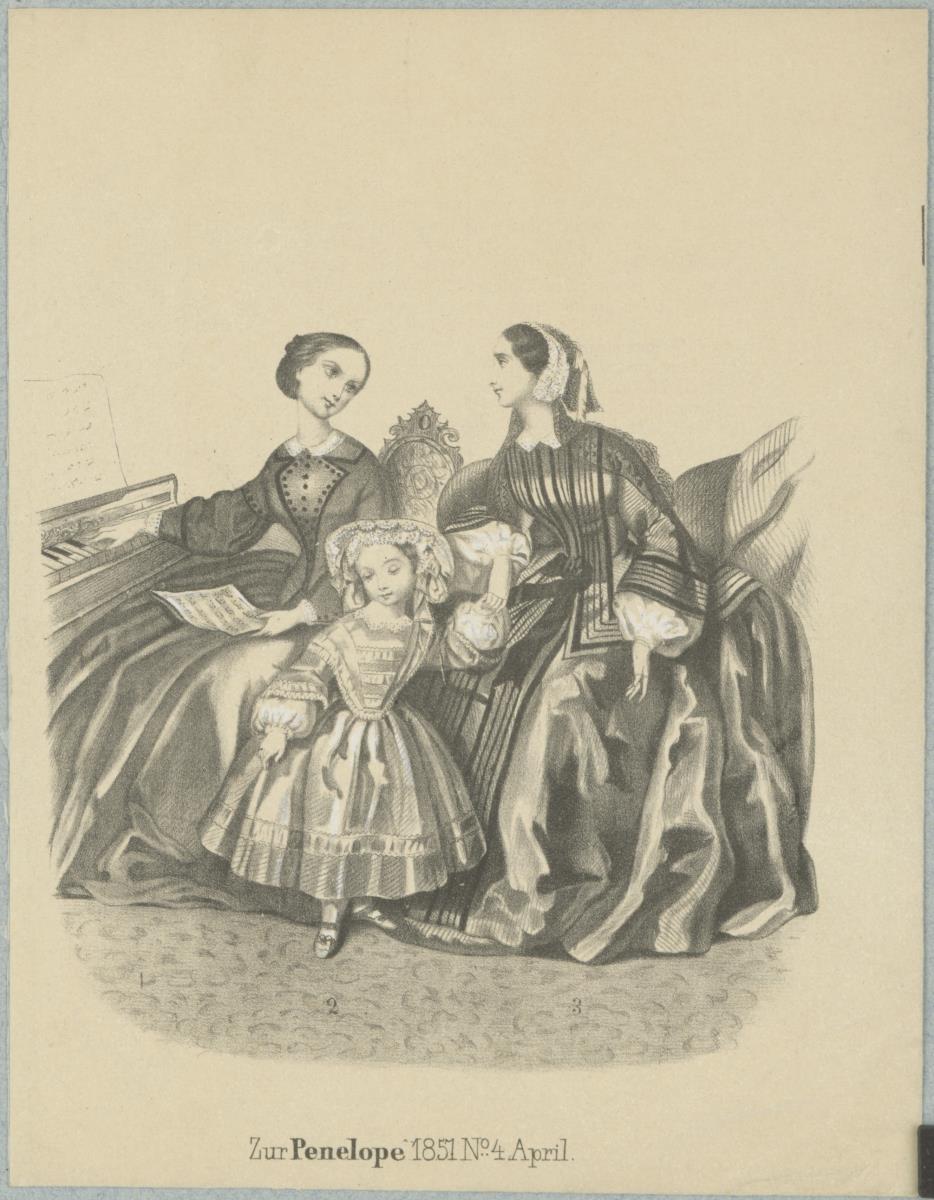 Penelope April 1857: zwei Damen in Haustoiletten, ein Mädchen mit Hut