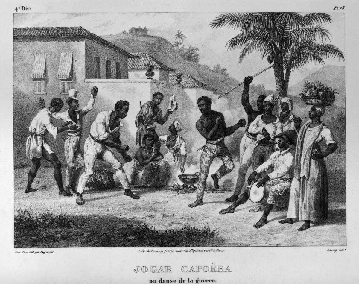 „Jogar Capoëra ou danse de la guerre“ (Capoëira oder Kriegstanz)