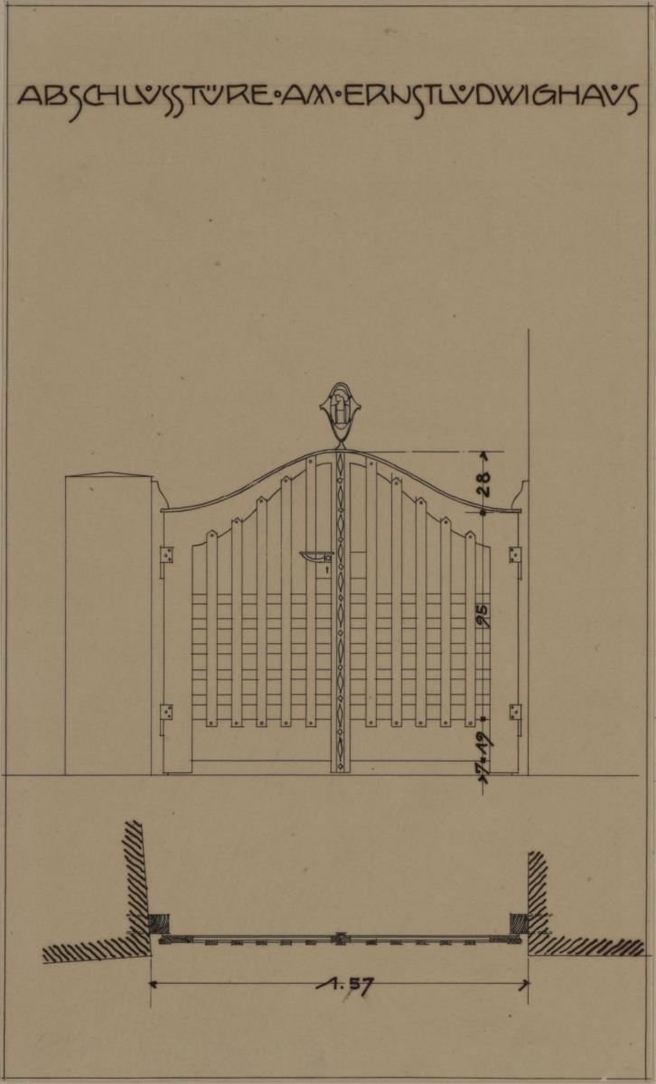 Darmstadt, Wohnhaus Olbrich, Gartenpforte, Aufriss und Grundriss